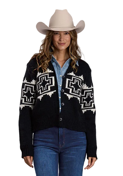 Black Aztec Button Front Cardigan Sweater