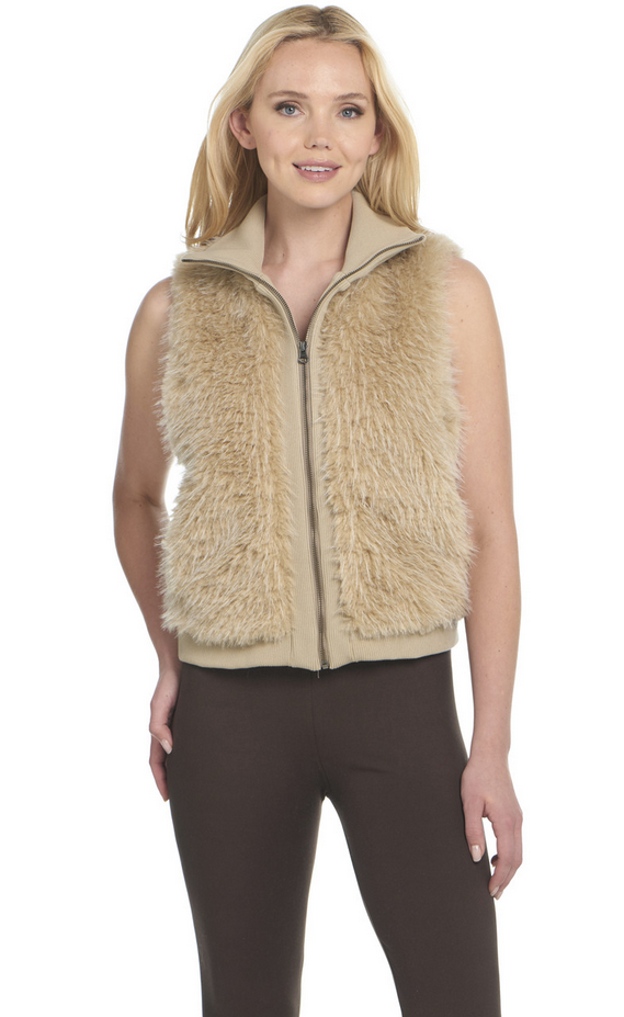 Zip Front Faux Fur Vest W/ Knit Trim