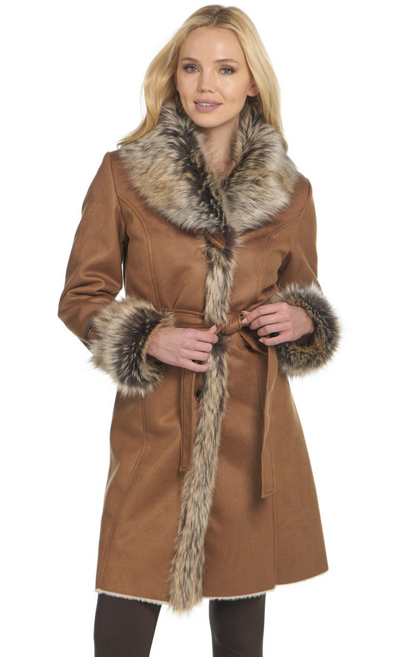 Tie/Button Front Long Faux Shearling Coat W/ Faux Fur Trim