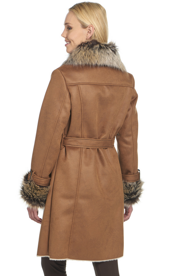 Tie/Button Front Long Faux Shearling Coat W/ Faux Fur Trim