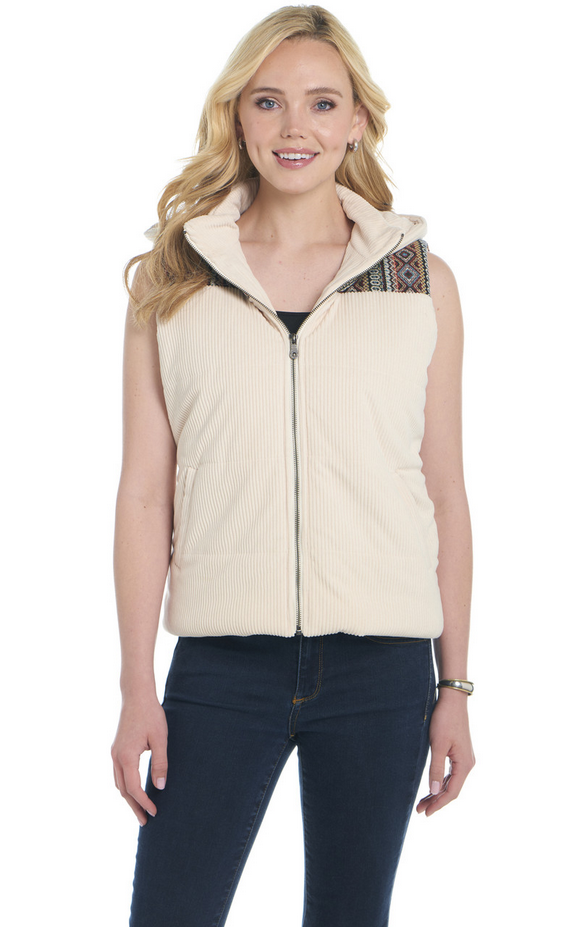 Zip Front Hooded Corduroy Vest W/ Blanket Pattern Yokes