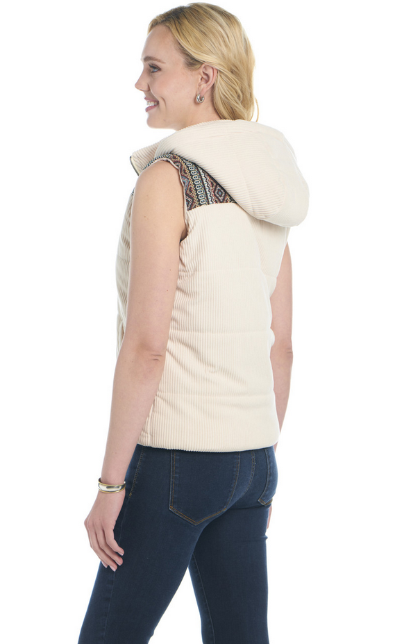 Zip Front Hooded Corduroy Vest W/ Blanket Pattern Yokes