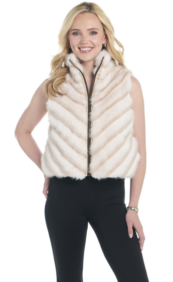 Zip Front Faux Fur Vest W/ Microsuede Trim