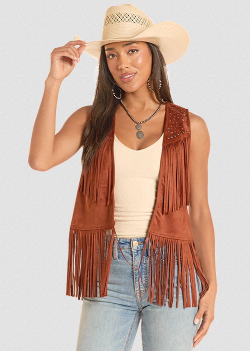 Studded Microsuede Fringe Vest