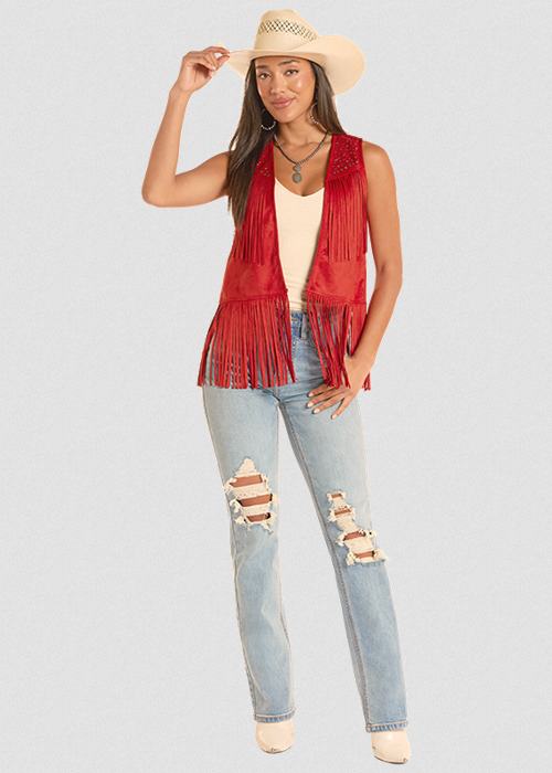 Studded Microsuede Fringe Vest