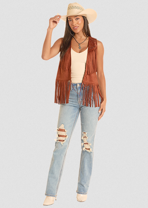 Studded Microsuede Fringe Vest