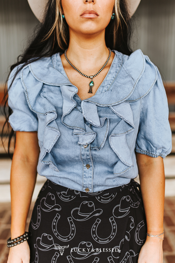 Light Wash Button Down Short Sleeve Ruffle Top