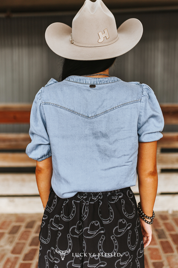 Light Wash Button Down Short Sleeve Ruffle Top