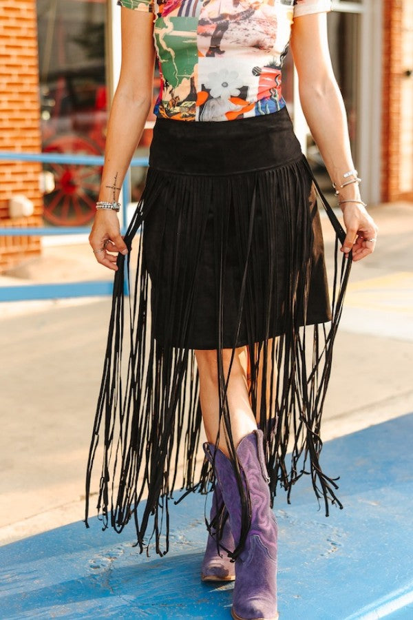 Black Stretch Suede Long Fringe Skirt