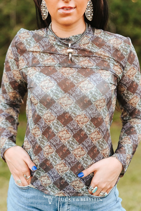 Checkered Camo Printed Long Sleeve Mesh Top