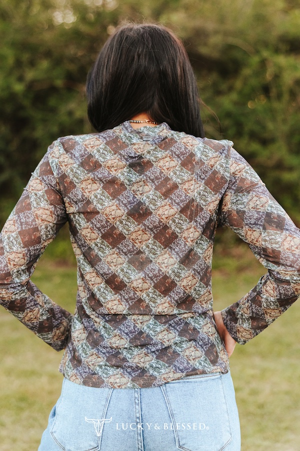 Checkered Camo Printed Long Sleeve Mesh Top