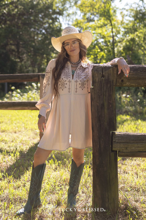 Ivory Aztec Embroidered Puff Sleeve Shirt Dress