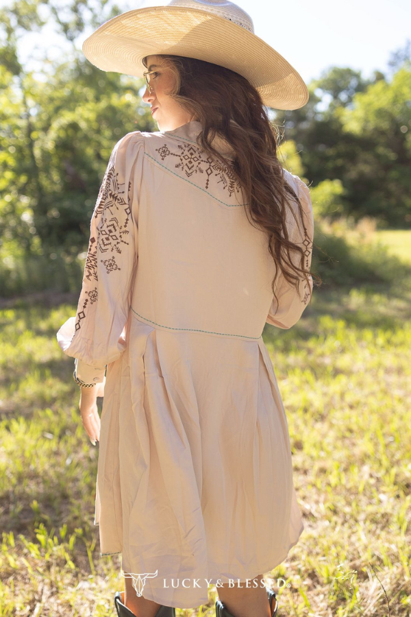 Ivory Aztec Embroidered Puff Sleeve Shirt Dress