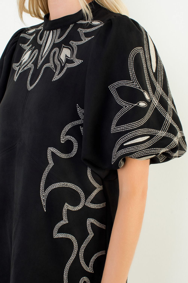 Puff Sleeve Embroidery Detail Suede Dress