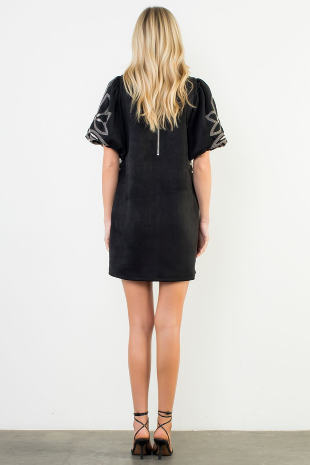 Puff Sleeve Embroidery Detail Suede Dress