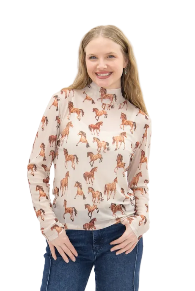 Mock Neck Mesh Horse Print Top