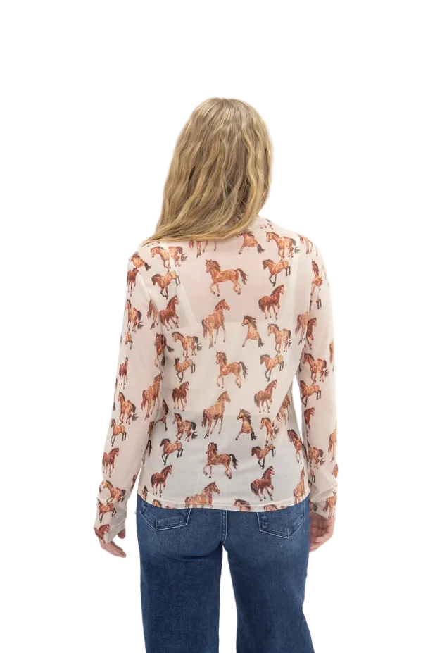 Mock Neck Mesh Horse Print Top