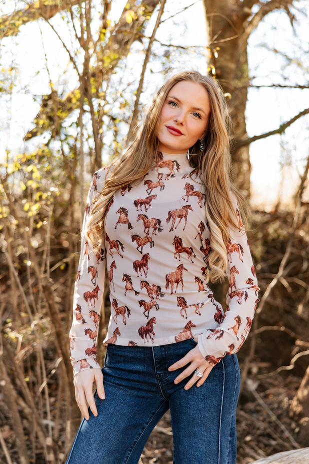Mock Neck Mesh Horse Print Top