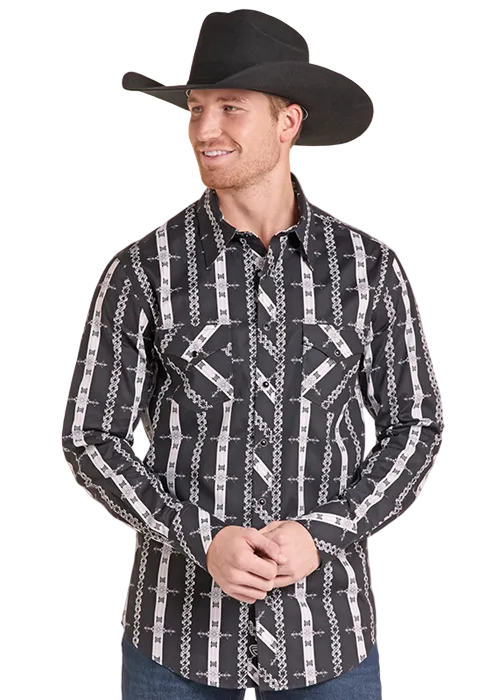 Rock & Roll Denim Men's Black Aztec Print Long Sleeve Snap Shirt