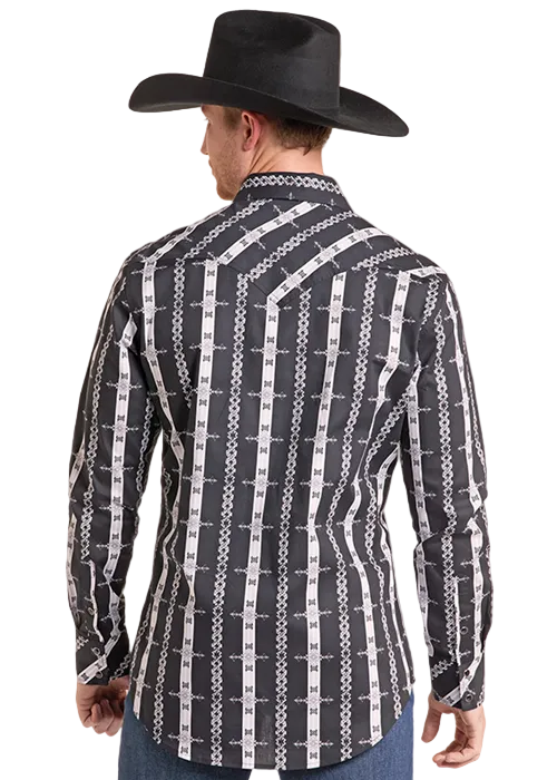 Rock & Roll Denim Men's Black Aztec Print Long Sleeve Snap Shirt