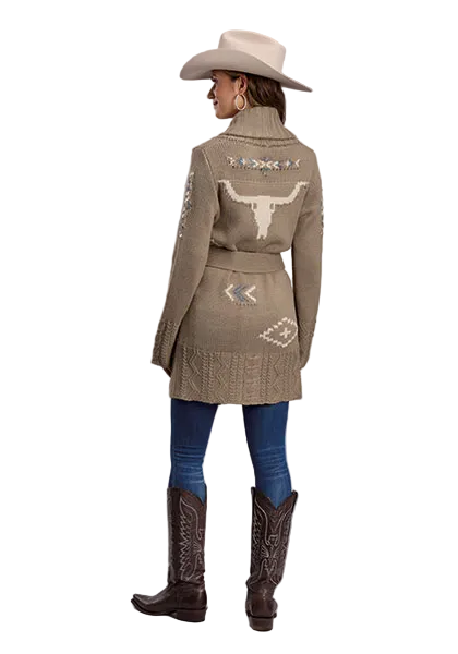 Tan Longhorn Aztec Belted Cardigan Sweater