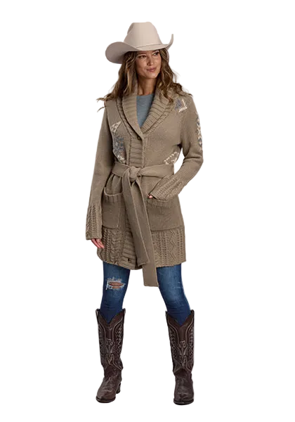 Tan Longhorn Aztec Belted Cardigan Sweater