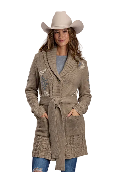 Tan Longhorn Aztec Belted Cardigan Sweater
