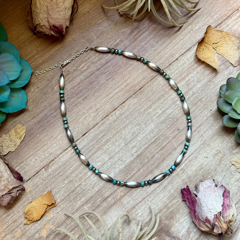 Blue-Green Turquoise Heishi & Sterling Silver Torpedo Choker