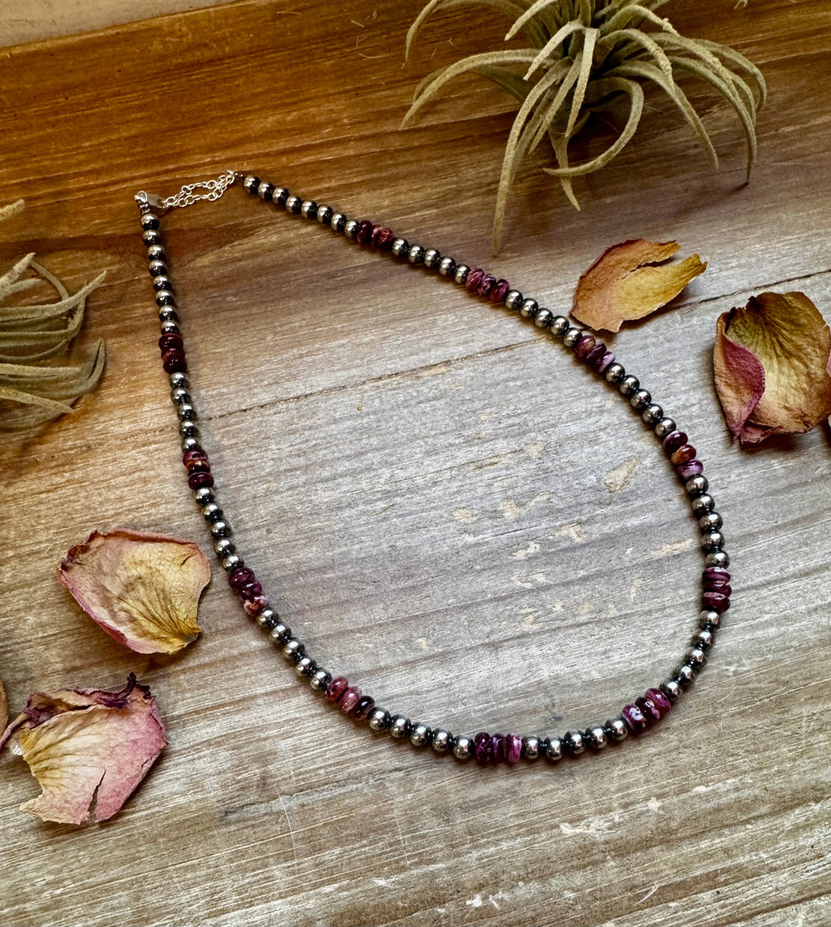 18-Inch Sterling Silver Pearl Necklace with Deep Purple Spiny Oyster – (5mm)