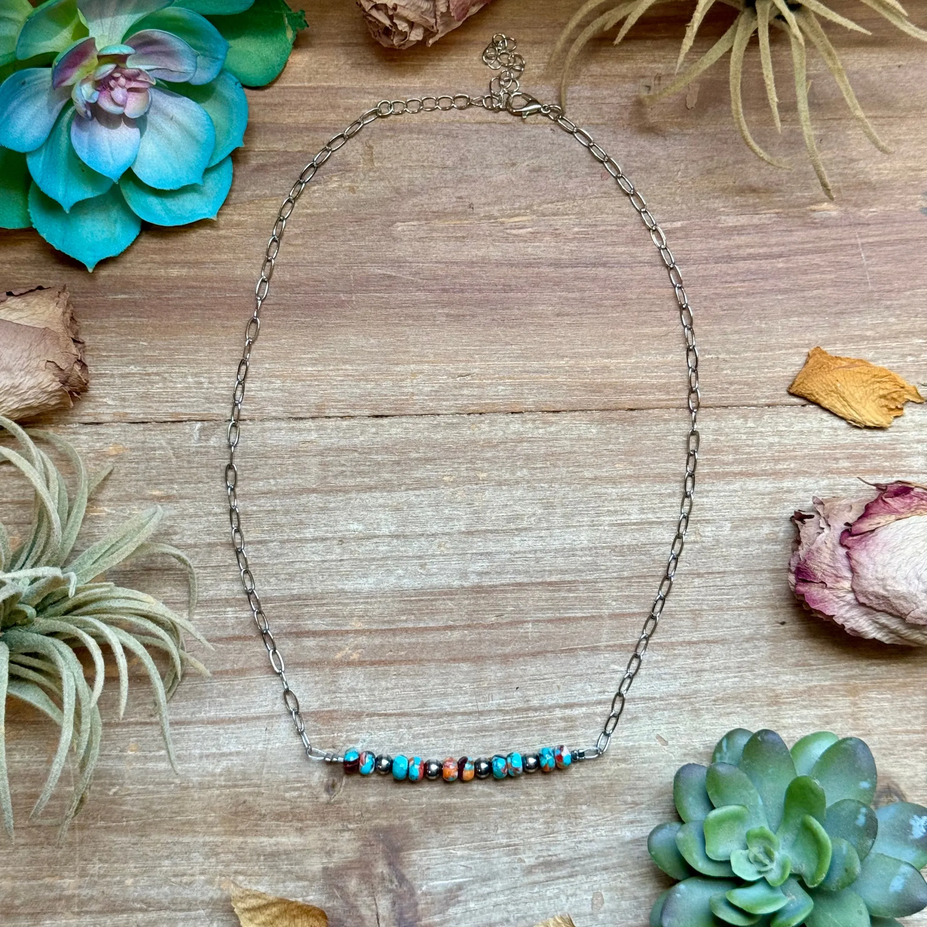 Mojave Turquoise, Spiny Oyster & Sterling Silver Pearl Paperclip Necklace