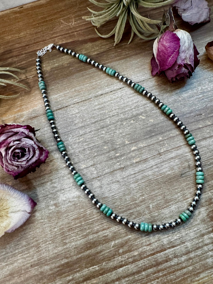 Green Turquoise & Sterling Silver Pearl Necklace – 5mm
