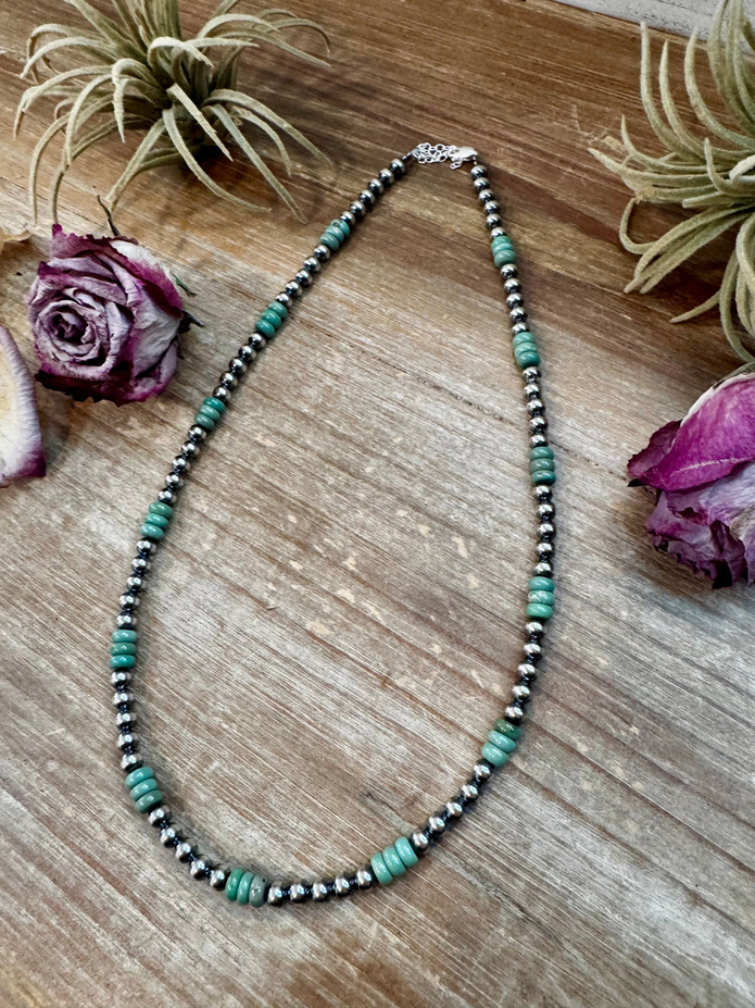 Green Turquoise & Sterling Silver Pearl Necklace – 5mm