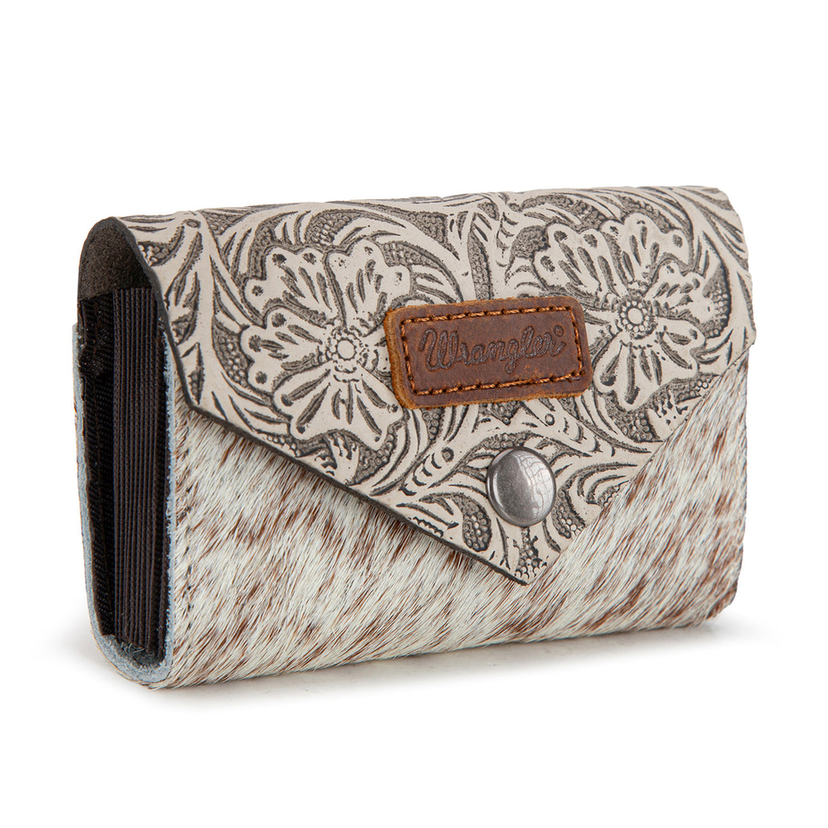 Wrangler Genuine Hair-On Cowhide Floral Tooled Card Holder – Beige