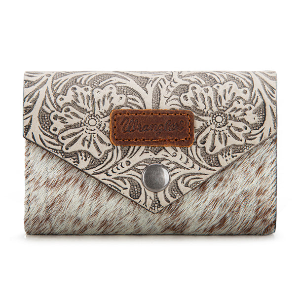 Wrangler Genuine Hair-On Cowhide Floral Tooled Card Holder – Beige