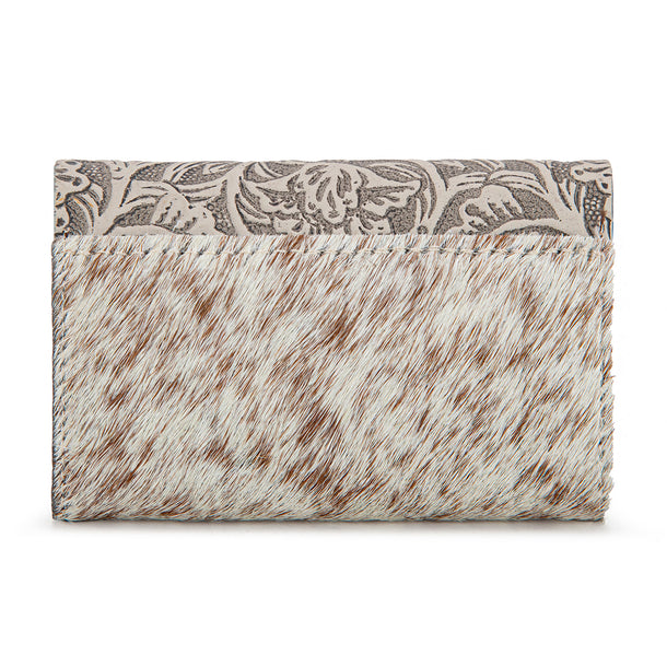 Wrangler Genuine Hair-On Cowhide Floral Tooled Card Holder – Beige