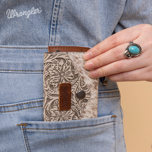 Wrangler Genuine Hair-On Cowhide Floral Tooled Card Holder – Beige