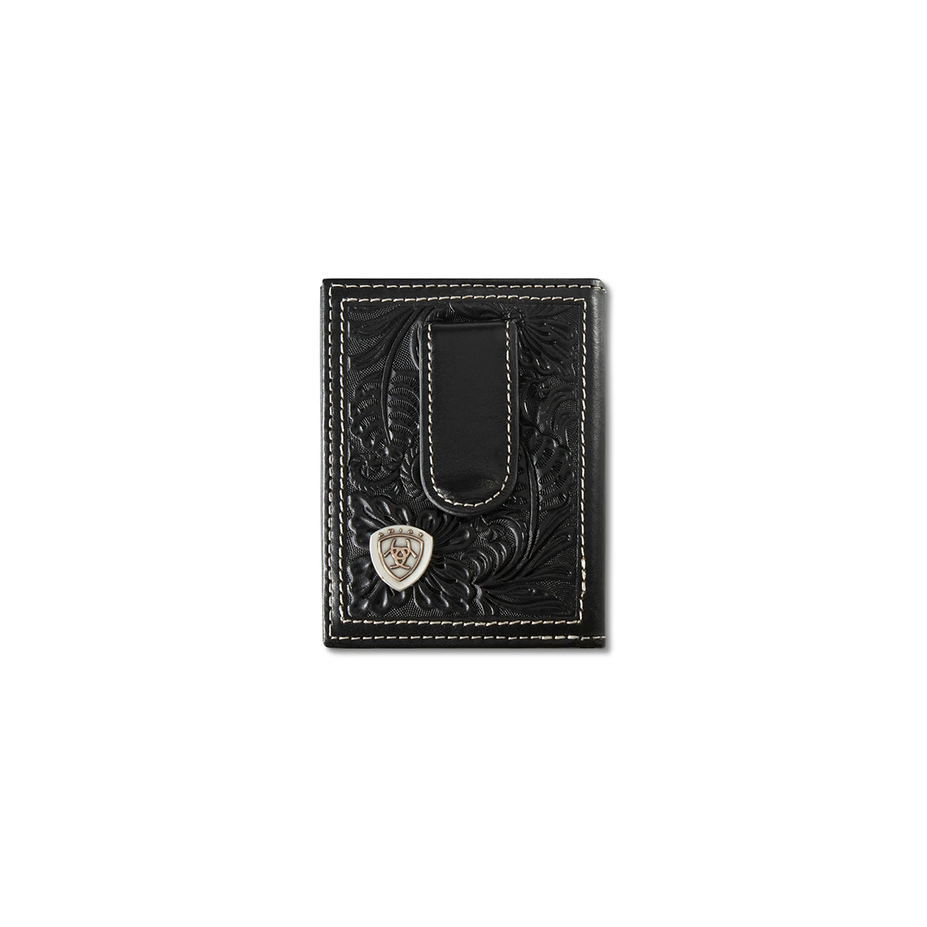Ariat Floral Embossed Leather Money Clip Wallet – Black