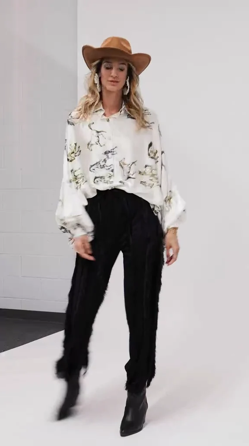 Oversized Equestrian Graphic Silky Shirt OSFA