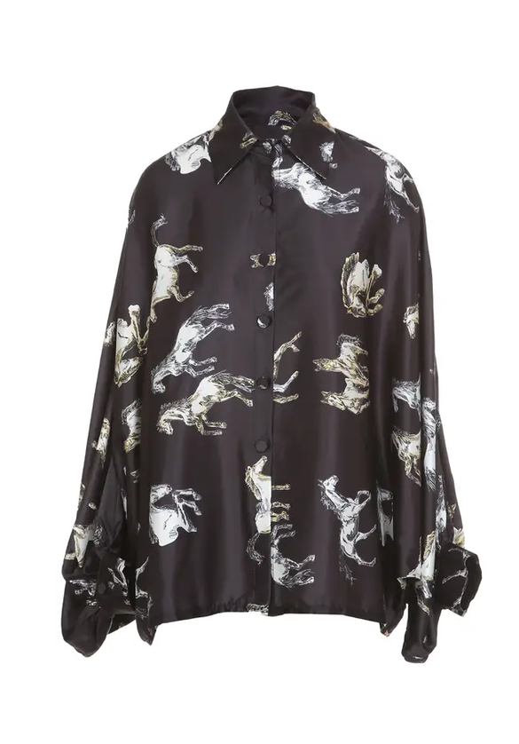 Oversized Equestrian Graphic Silky Shirt OSFA