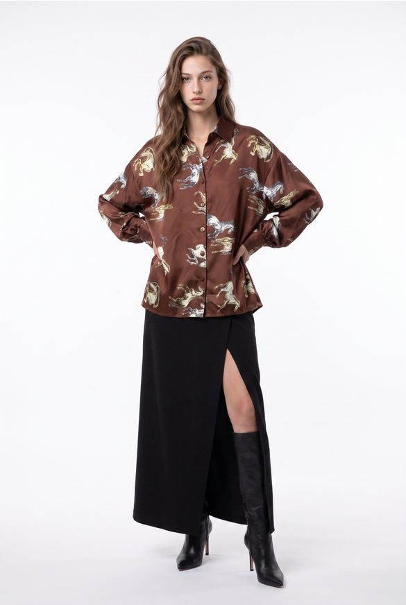 Oversized Equestrian Graphic Silky Shirt OSFA