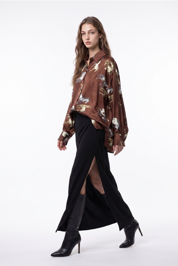 Oversized Equestrian Graphic Silky Shirt OSFA