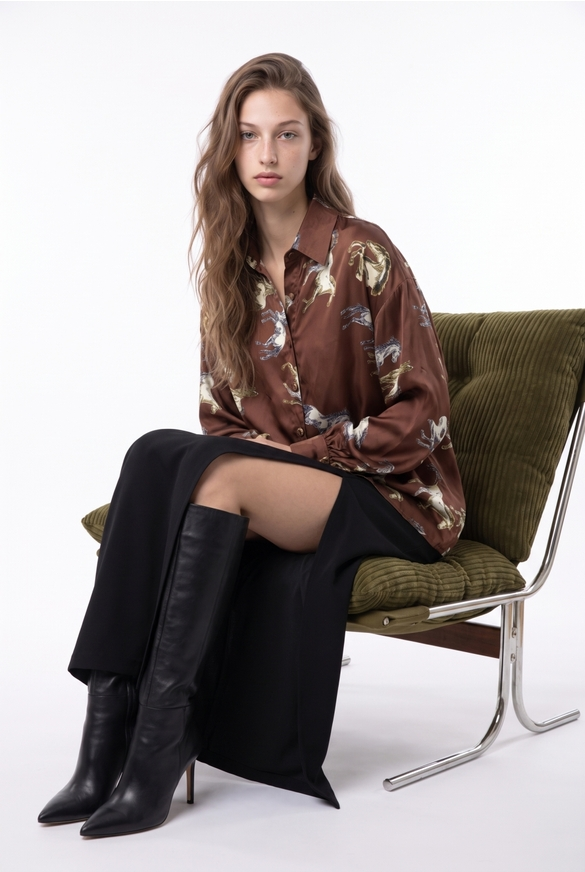 Oversized Equestrian Graphic Silky Shirt OSFA