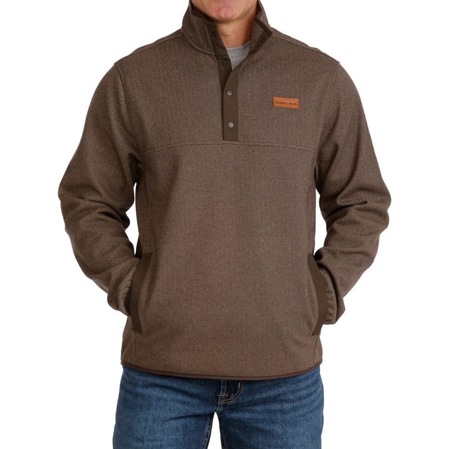Brown Herringbone Knit 1/2 Snap Pullover