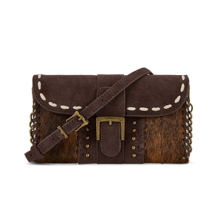 Cowhide Buckle Crossbody Wallet Bag in Coffee