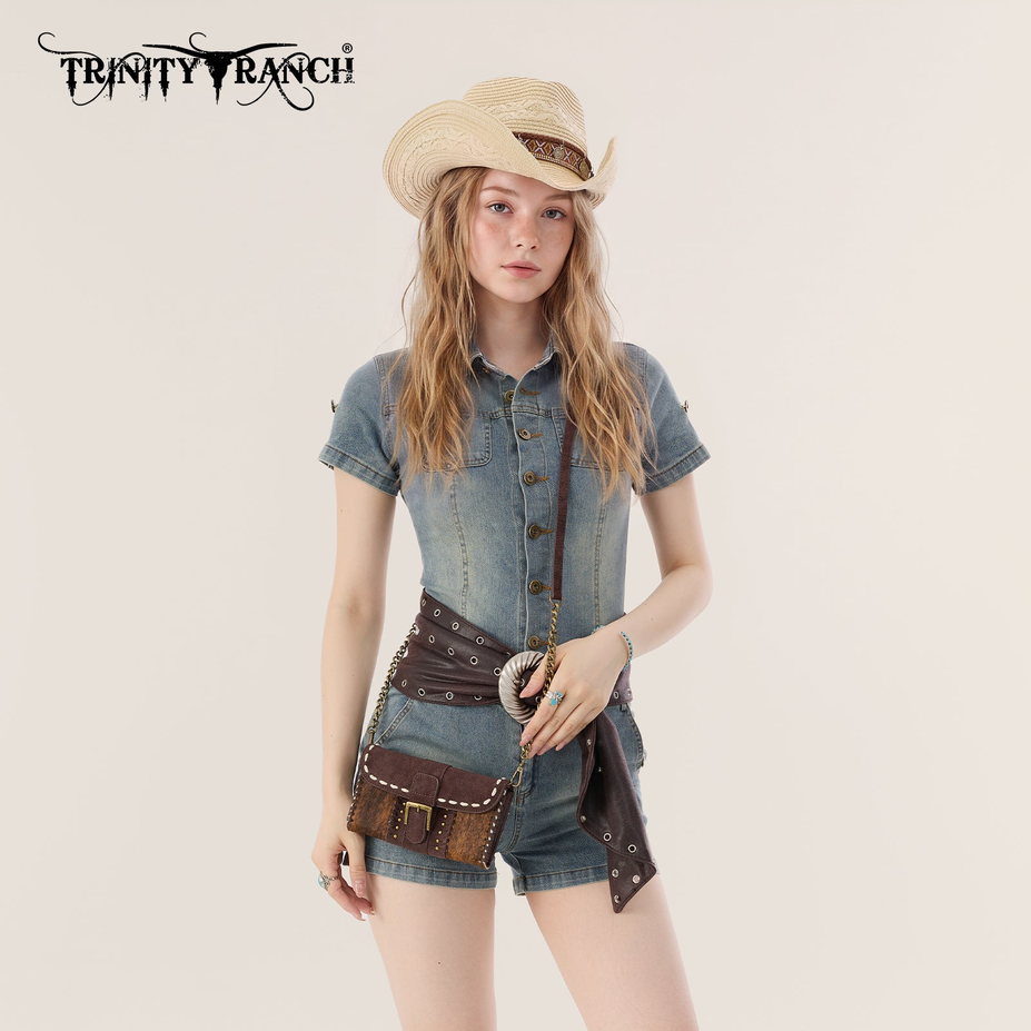 Cowhide Buckle Crossbody Wallet Bag in Coffee