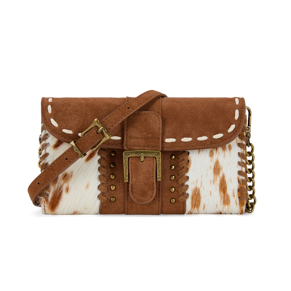 Western Cowhide Buckle Crossbody Wallet Bag - Brown
