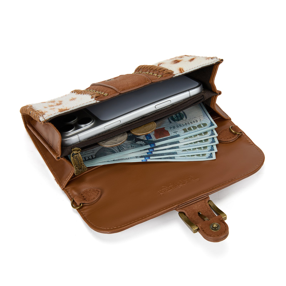 Western Cowhide Buckle Crossbody Wallet Bag - Brown