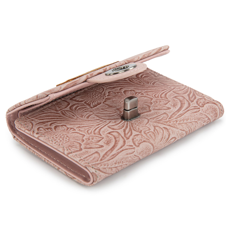 Floral Embossed RFID Trifold Wallet - Dark Pink