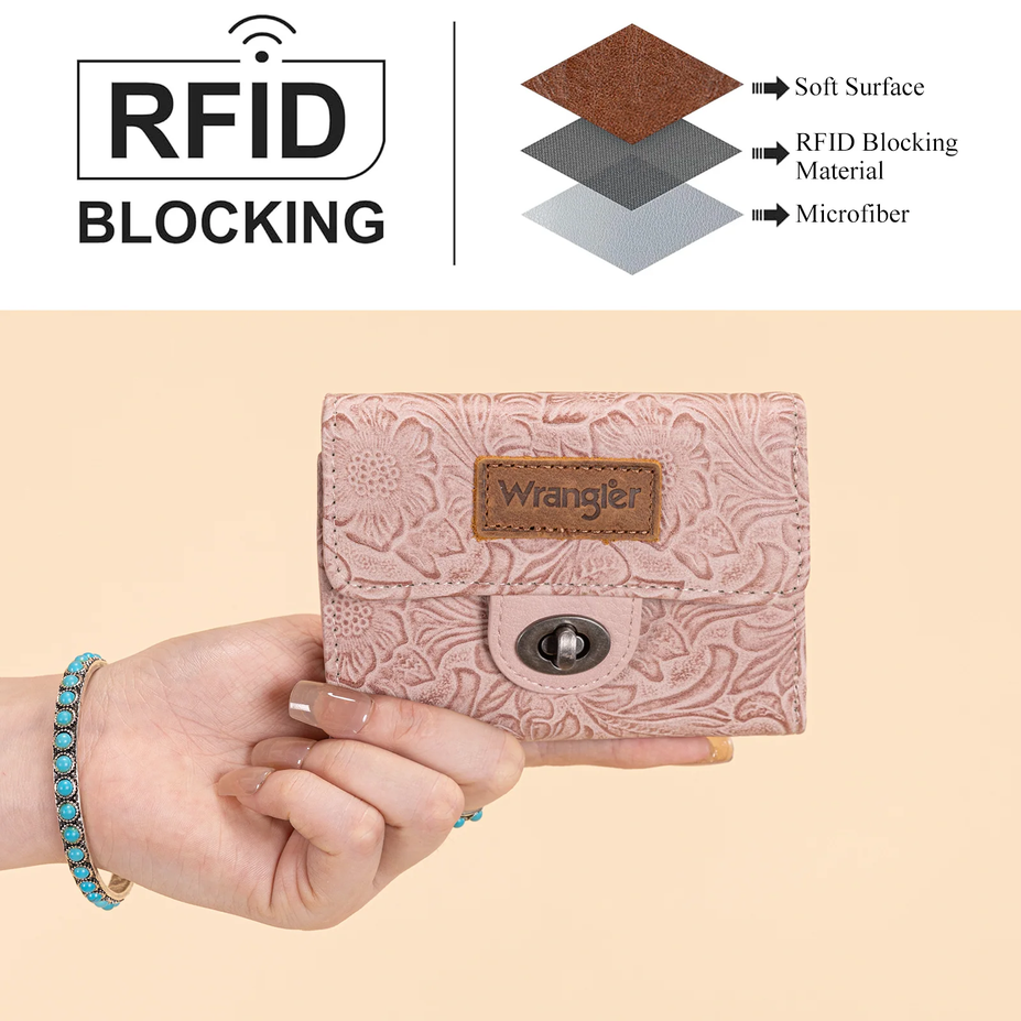Floral Embossed RFID Trifold Wallet - Dark Pink