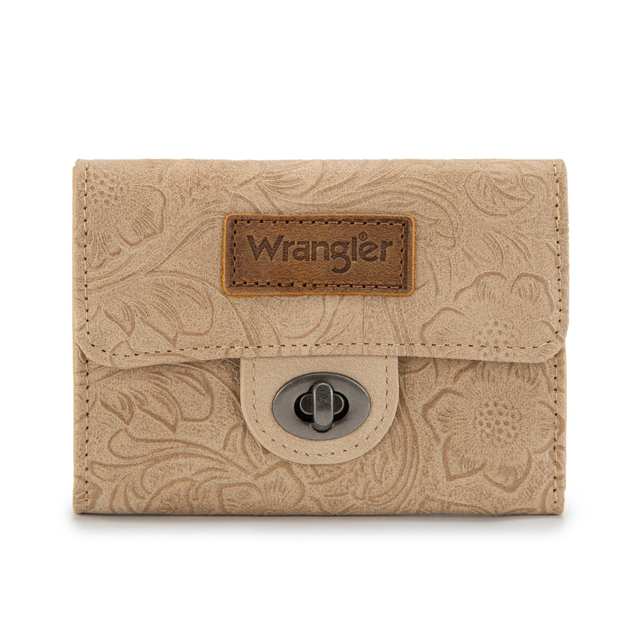 Floral Embossed RFID Trifold Wallet - Tan
